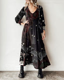 Dark Night Bat Starry Bloody Floal Printed 3/4 Sleeves Midi Dress