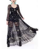 Ancient Moon Goddess Star Pattern Print Chiffon Long Sleeve Dress