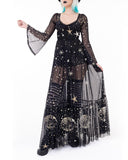 Ancient Moon Goddess Star Pattern Print Chiffon Long Sleeve Dress