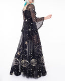 Ancient Moon Goddess Star Pattern Print Chiffon Long Sleeve Dress