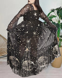 Shining Moon And Star Pattern Print Long Sleeve Chiffon Waist Plus Size Dress