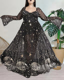 Shining Moon And Star Pattern Print Long Sleeve Chiffon Waist Plus Size Dress