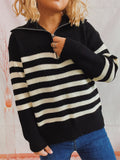 Casual Loose Striped Top Lapel Zipper Knitted Sweater Pullover