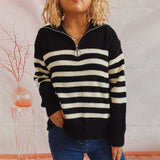 Casual Loose Striped Top Lapel Zipper Knitted Sweater Pullover