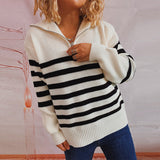 Casual Loose Striped Top Lapel Zipper Knitted Sweater Pullover