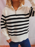 Casual Loose Striped Top Lapel Zipper Knitted Sweater Pullover