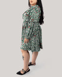 Fresh Green Small Floral Cotton Pattern Print Long Sleeve  Plus Size Chiffon Dress