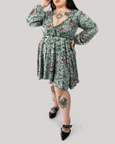 Fresh Green Small Floral Cotton Pattern Print Long Sleeve  Plus Size Chiffon Dress