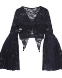 Sexy Flared Sleeves With Slit And Exposed Navel Lace Dark Top