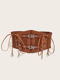 Brown Lace Strap Double Small Day Buckle Lace Waistband