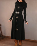 Mysterious Moon And Sun Goddess Persian Style Pattern Print Long Sleeve  Dress