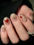 Golden-Foil-Printed Star Heart Pattern Medium Square Press-On Nails