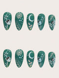 Forest Style Cute Mushroom Green Plant Fashion Moon Night Meadow Landscape Manicure Patch Wear Nails