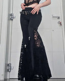 Dark Punk Style High Waisted Lace Hollow Black Micro Flared Pants