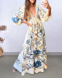 Large Floral And Pineapple Fairy Pattern Print Long V-neck Dress