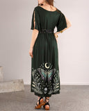 Lively Butterfly Fairy and Skull Print Green Waist Dress