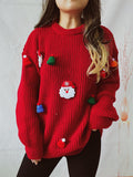 Cute Santa Claus 3D Decoration Round Neck Long Sleeve Knitted Pullover