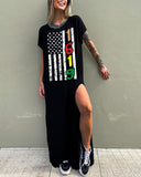 "1619" Flag Graphic  Print Casual Slit Dress