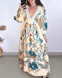 Large Floral And Pineapple Fairy Pattern Print Long V-neck Dress