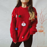 Cute Santa Claus 3D Decoration Round Neck Long Sleeve Knitted Pullover