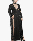 Mysterious Shooting Stars And Starry Sky Wonderland Pattern Print Long Sleeve V-Neck Dress