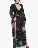 Soul-Purifying Lotus Wonderland and Butterfly Print Chiffon Dress