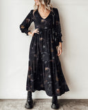 Dreamy And Gorgeous Universe Star Pattern Printed Velvet Long-Sleeved Dress