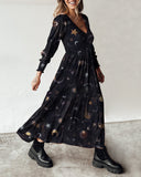 Dreamy And Gorgeous Universe Star Pattern Printed Velvet Long-Sleeved Dress