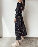 Dreamy And Gorgeous Universe Star Pattern Printed Velvet Long-Sleeved Dress