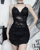 Dark And Tattered Style Slim Fit Split Hip Bag Suspender Dress