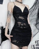 Dark And Tattered Style Slim Fit Split Hip Bag Suspender Dress