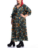 Fresh Chrysanthemum Small Floral Print Mid Sleeve Plus Size Dress