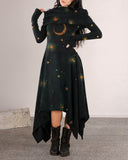 Moon Fairy and Fern Dark Pattern Print Long Sleeve Thick Dress