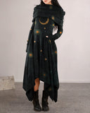 Moon Fairy and Fern Dark Pattern Print Long Sleeve Thick Dress