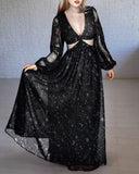 Black Dream Shining Starry Galaxy Printed Cut-off Maxi Dress