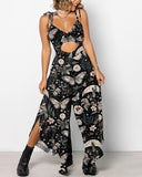 Mysterious Butterfly And Flower  Print Cutout Lace-Up Jumpsuit