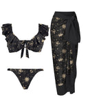 Mysterious Gold Constellation Pattern Print Lace Bikini Set