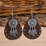 Tribal Leather And Feather Carved Earrings