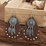 Tribal Leather And Feather Carved Earrings