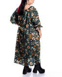 Fresh Chrysanthemum Small Floral Print Mid Sleeve Plus Size Dress