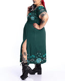 Green Magic Fairy Garden Print Slit Cotton  Plus Size Dress