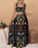 Mystical Tropical Fern and Leopard Print Suspender Two-Piece Set Skirt