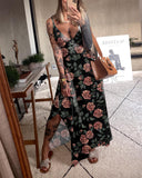 Magic Garden Sparkling Large Floral Print Slit Strap Dress