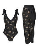 Mysterious Golden Constellation Pattern Printed One Piece & Sarong