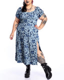 Blue Wonderland Floral Plus Size Slit Cotton Dress