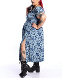 Blue Wonderland Floral Plus Size Slit Cotton Dress