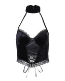 Black Lace Suede Suspender Top With Hanging Neck