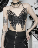 Design Sense Street Trendy Dark Butterfly Lace Strap Top