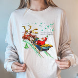 Christmas Santa Claus Elk Sleigh Print Crew Neck Sweatshirt