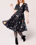 Lost In Paradise Funny Witchery Things Printed Ruffle Sleeves Midi Dress